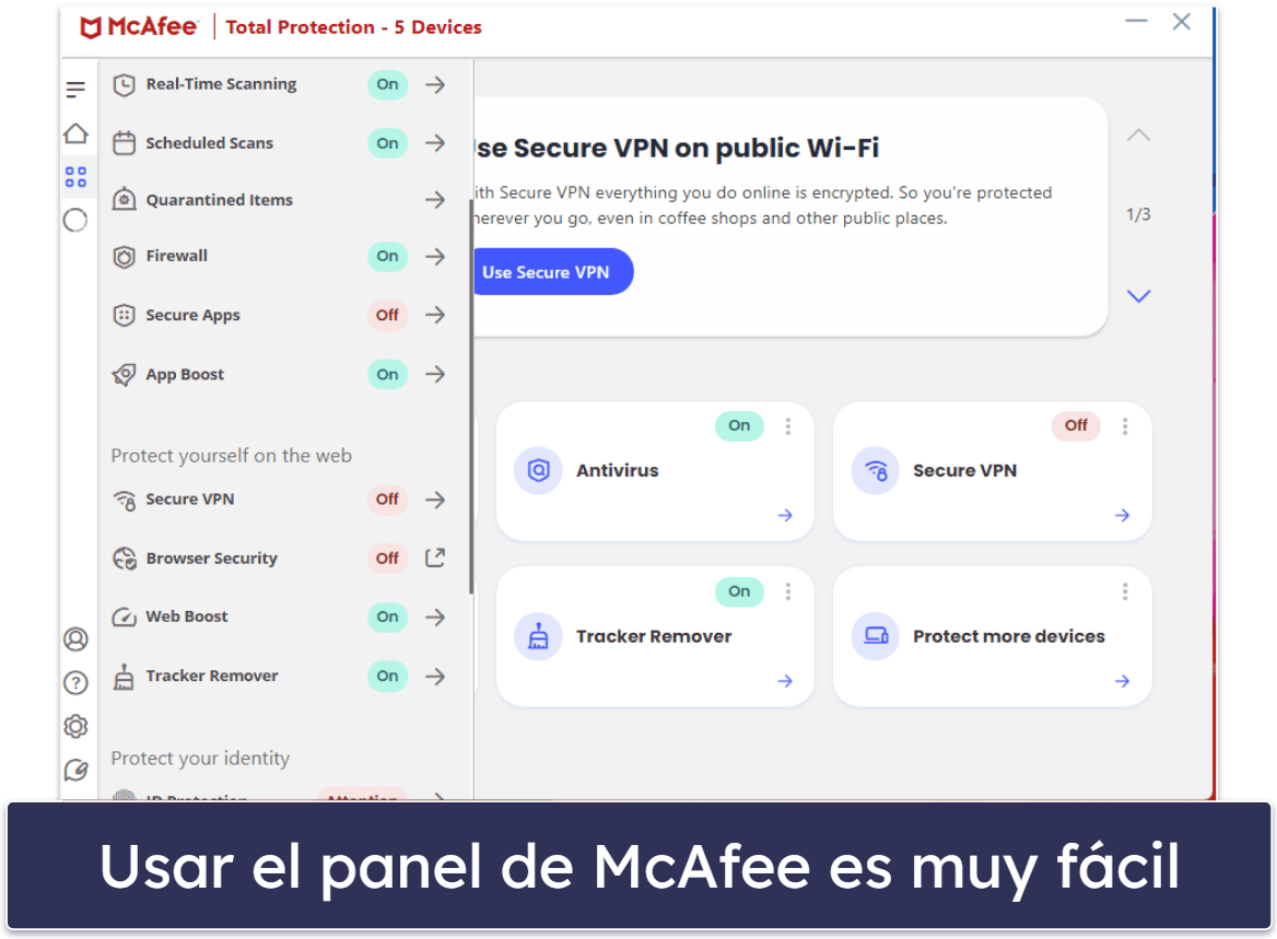 🥉3. McAfee: Ofrece una protección web excelente y una VPN estupenda para principiantes