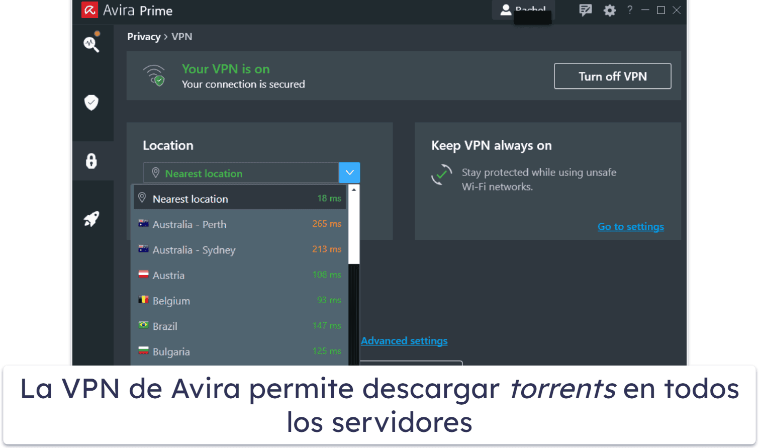 7. Avira: Es un antivirus ligero con una buena VPN para descargar torrents