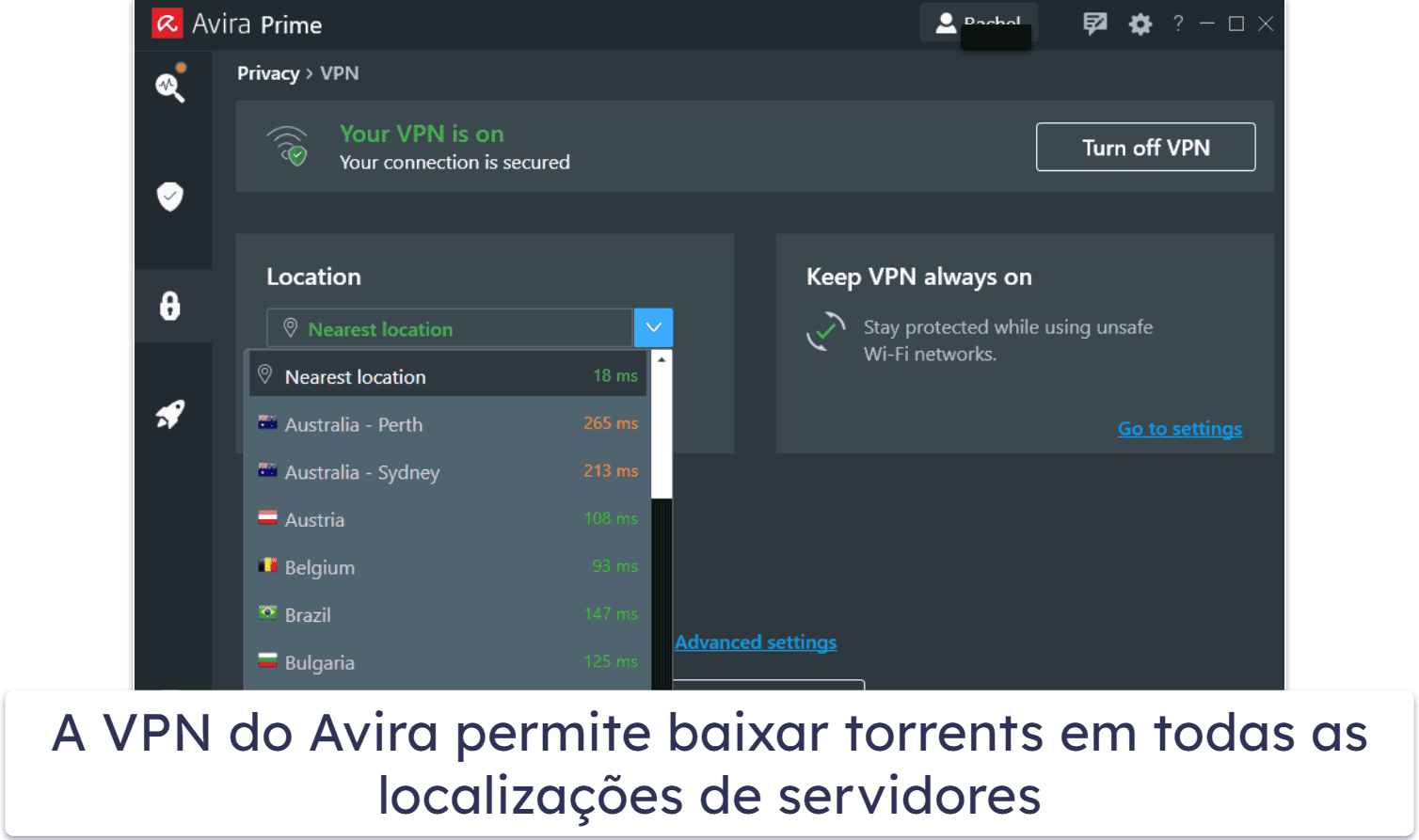7. Avira — antivírus leve com boa VPN para baixar e enviar torrents