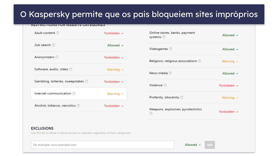 8. Kaspersky — Controles parentais mais avançados + boas proteções financeiras