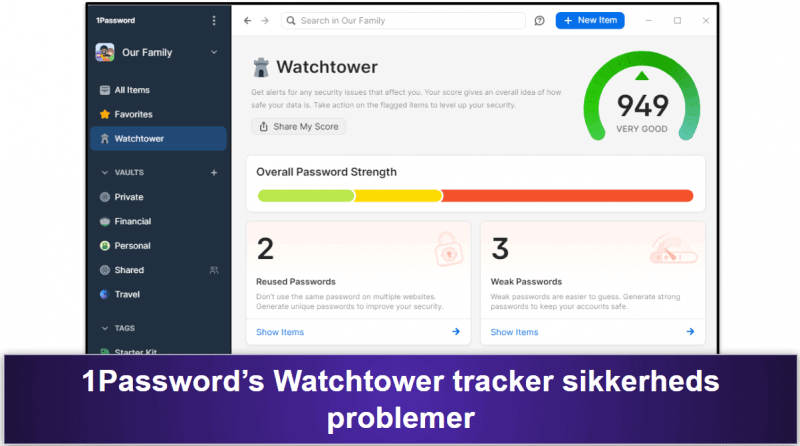 🥈2. 1Password — Rigt på funktioner &amp; Fantastisk til familier (men det er ikke gratis)