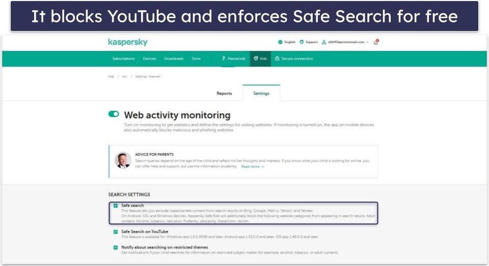 4. Kaspersky Safe Kids — Decent Free Plan for Restricting YouTube Access