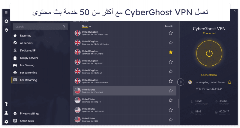 🥈2. CyberGhost VPN — شبكة افتراضية خاصة جيدة جدًا لبث المحتوى (بإصدار تجريبي مجاني وضمان استرداد 45 يومًا)