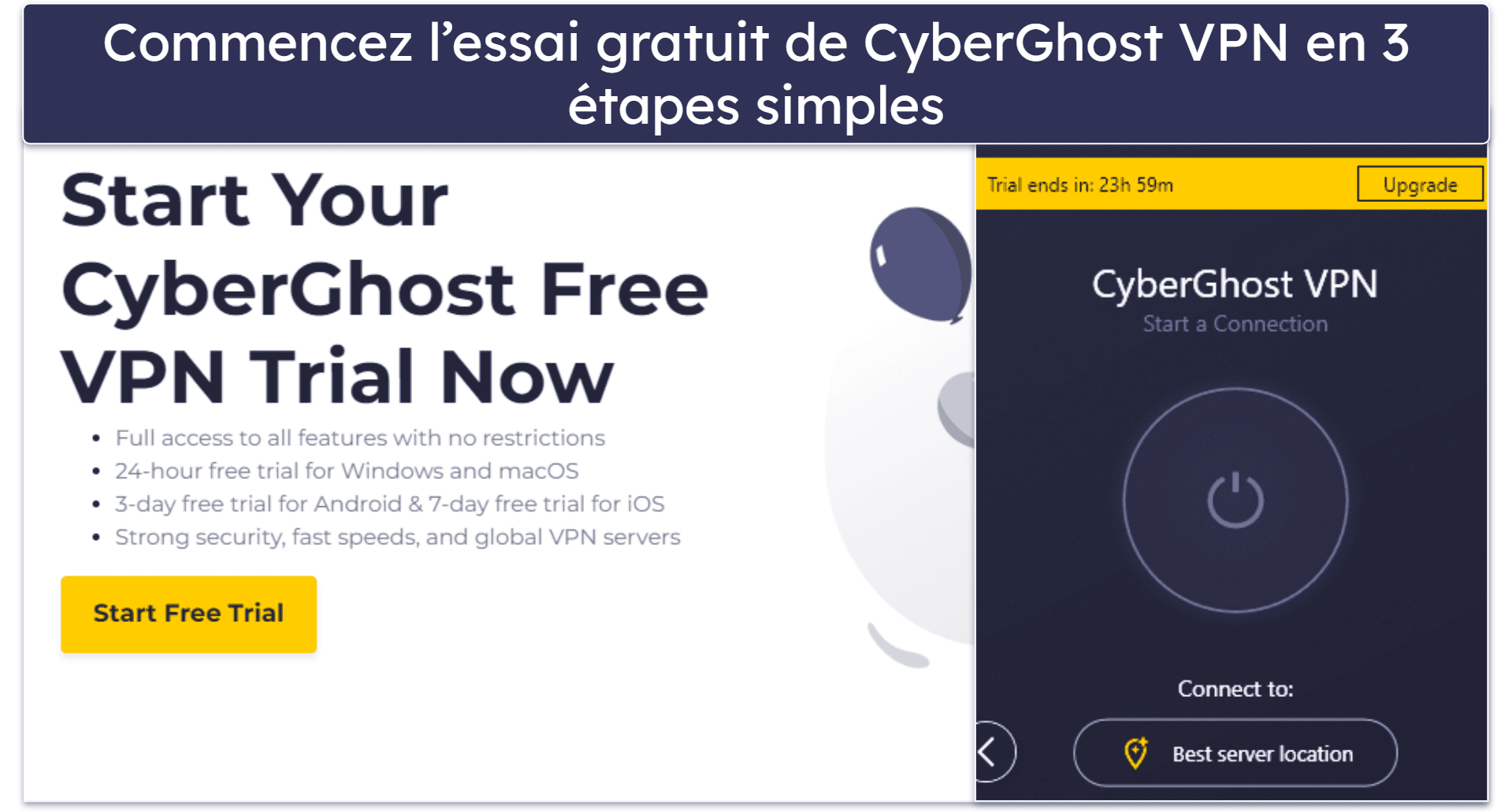 🥈 2. CyberGhost VPN — Un essai gratuit de leur VPN de 24 heures avec des serveurs dédiés pour le streaming et le torrenting