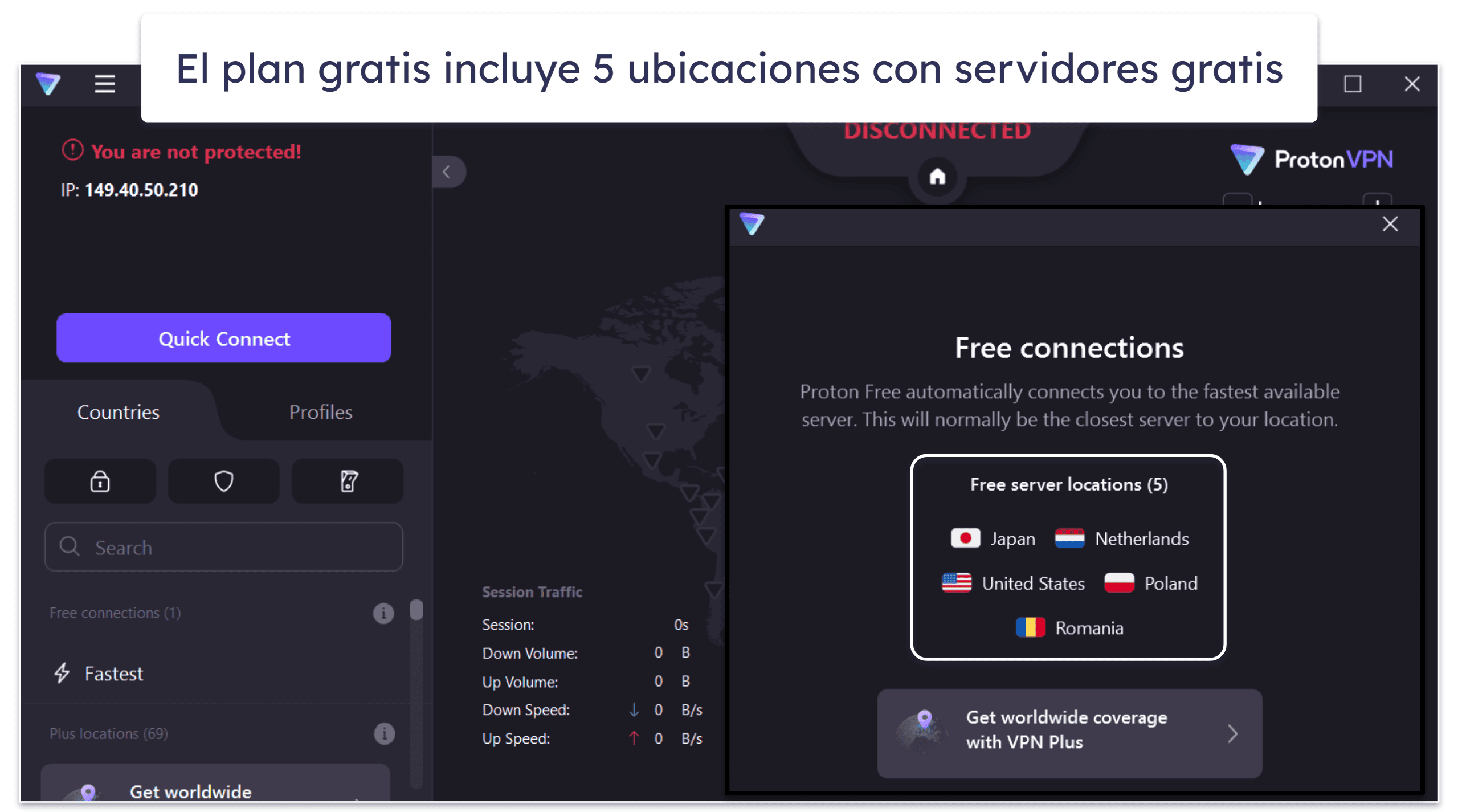 🥈2. Proton VPN: Ofrece un gran plan gratuito con datos ilimitados y una velocidad alta