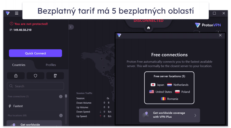 🥈2. Proton VPN – Vynikající bezplatný tarif bez omezení dat + velice rychlé připojení