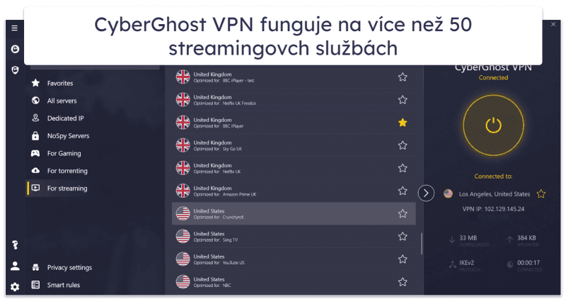🥈2. CyberGhost VPN – Velice dobrá VPN pro streaming (bezplatná zkušební verze a 45denní záruka)
