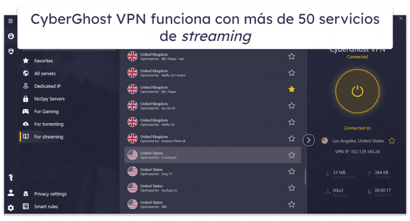 🥈2. CyberGhost VPN: VPN muy buena para ver contenido en streaming (ofrece una prueba gratis y garantía de reembolso de 45 días).