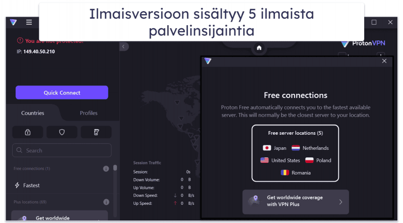 🥈2. Proton VPN – Hyvä ilmaisversio rajattomalla tiedonsiirrolla + todella nopea
