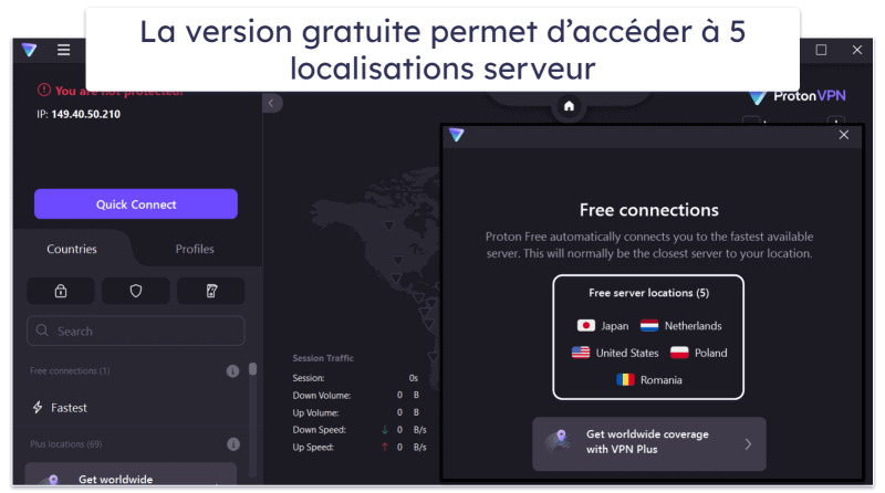 🥉3. Proton VPN — une excellente version gratuite, débits très élevés et données illimitées