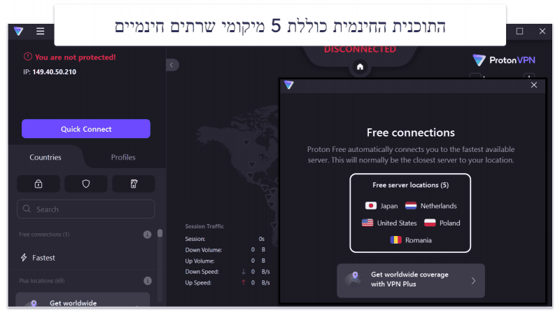 🥈2. Proton VPN — תוכנית חינמית נהדרת עם נתונים ללא הגבלה + מהירויות מרשימות