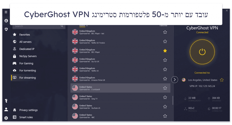 🥈2. CyberGhost VPN — VPN מעולה לסטרימינג. (עם ניסיון חינמי וערובה של 45 יום להחזר כספי)