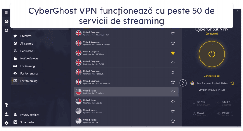🥈2. CyberGhost VPN — VPN foarte bun pentru streaming (cu încercare gratuită și rambursare 45 de zile)