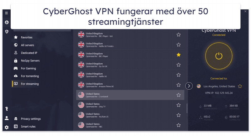 🥈2. CyberGhost VPN — Riktigt bra VPN för streaming (med gratis provperiod &amp; 45 dagars återbetalning)
