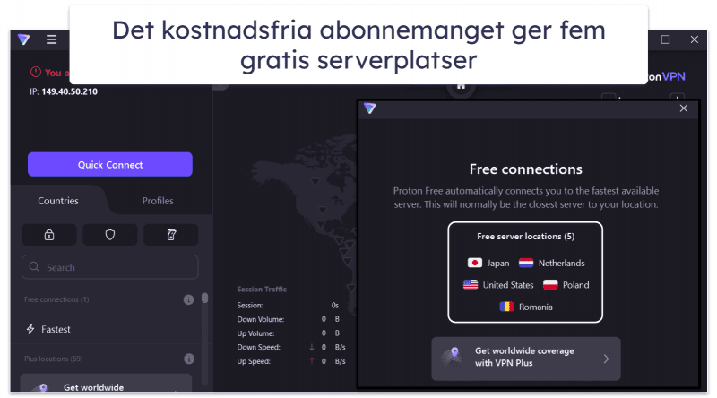 🥈2. Proton VPN — Fantastiskt gratisabonnemang med obegränsad data + mycket snabb
