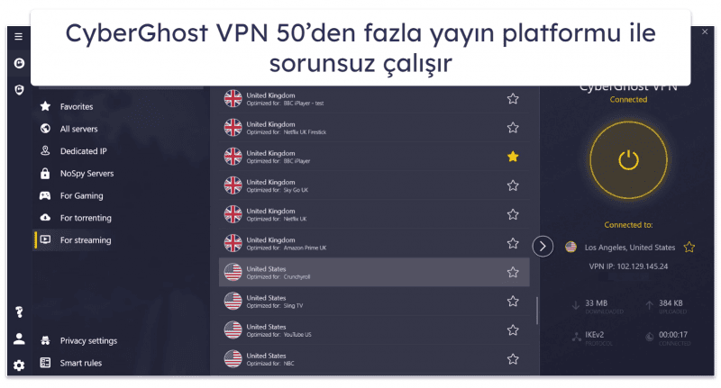 🥈2. CyberGhost VPN – Yayın İzlemek için Gerçekten İyi VPN (Ücretsiz Deneme ve 45 Gün İade)