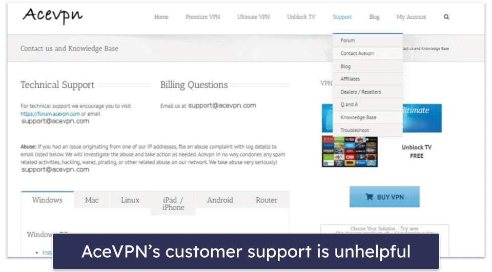 AceVPN Customer Support — Pretty Useless Overall