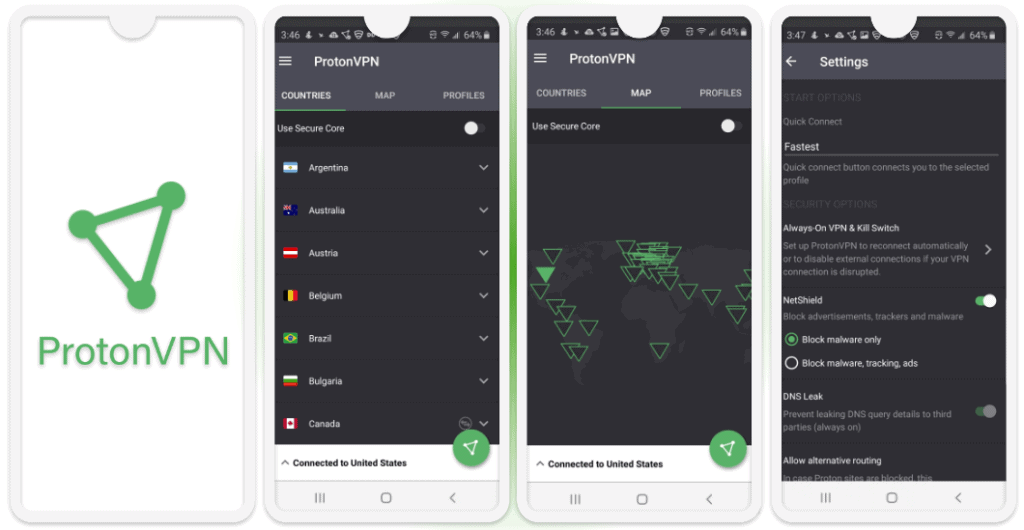 🥈 2. ProtonVPN — Ausgezeichnete Sicherheitsfunktionen mit dem besten kostenlosen Plan für Android