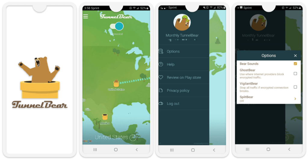 6. (Bonus) TunnelBear — Zabawna aplikacja na Androida (ze słodkimi misiami)