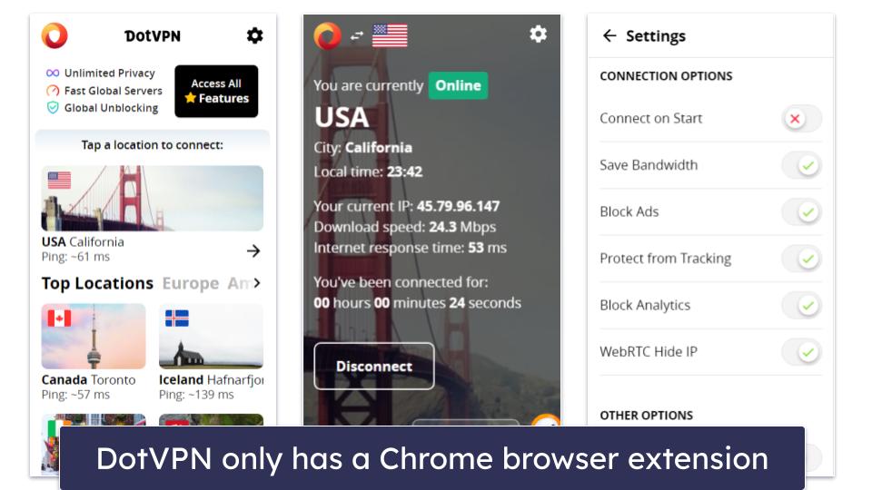DotVPN Ease of Use: Mobile & Desktop Apps — Intuitive Browser Extension, but There Are No Mobile or Desktop Apps