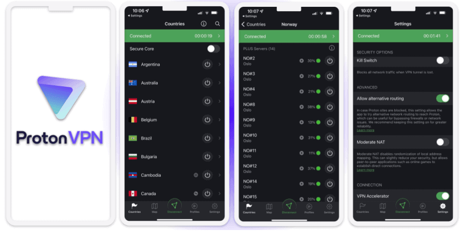 🥉 3. ProtonVPN — приложение на русском с отличными функциями защиты и лучшим бесплатным тарифом для iOS