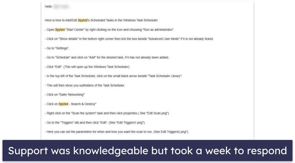 Spybot Search & Destroy Customer Support — Slow Email Response (Took Over a Week to Reply)