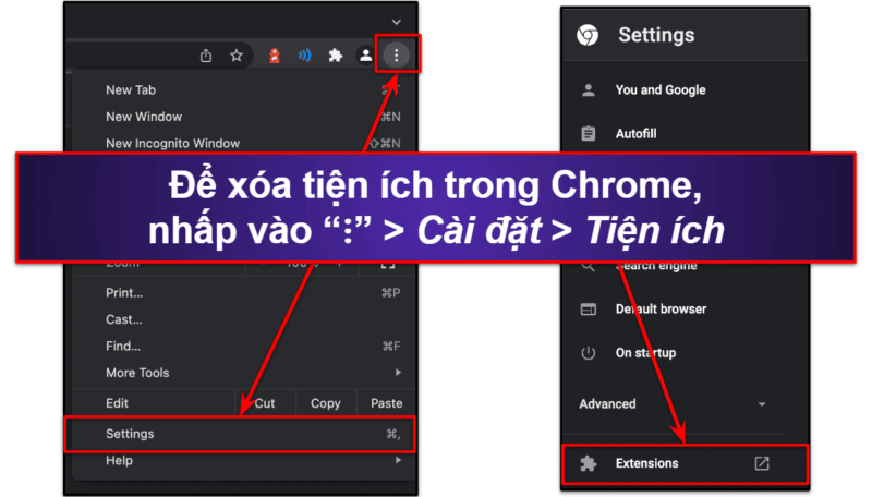 Bước sơ bộ: Kiểm tra Chrome để tìm các tiện ích trình duyệt đáng ngờ và khôi phục cài đặt mặc định của Chrome