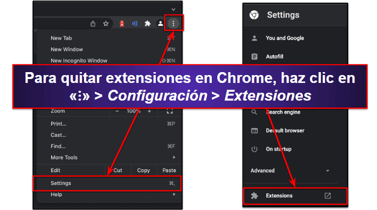 Paso previo: comprobar si hay extensiones sospechosas en Chrome y restaurar la configuración predeterminada de Chrome