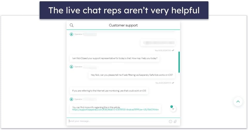 Kaspersky Safe Kids Customer Support — Responsive Live Chat &amp; Email, Plus a Good Forum