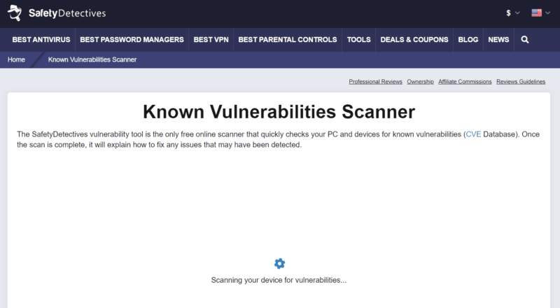 🥇 1. SafetyDetectives Known Vulnerabilities Scanner — Best Overall Online System Vulnerability Scanner