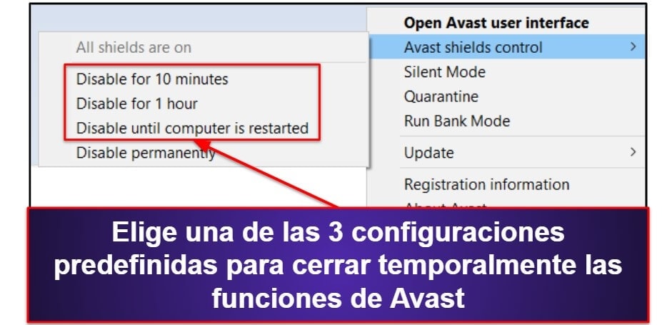 Cómo deshabilitar temporalmente las funciones de Avast