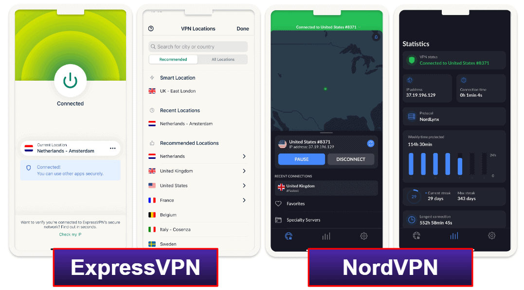 ExpressVPN 与 NordVPN 的应用程序和易用度比较：ExpressVPN 的用户体验更佳