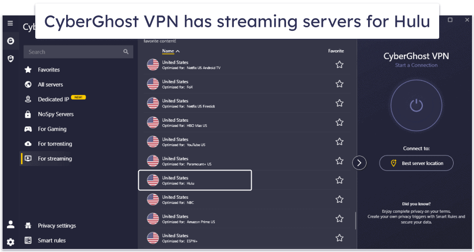 🥉3. CyberGhost VPN — Intuitive Interface + Dedicated Servers for Streaming Hulu