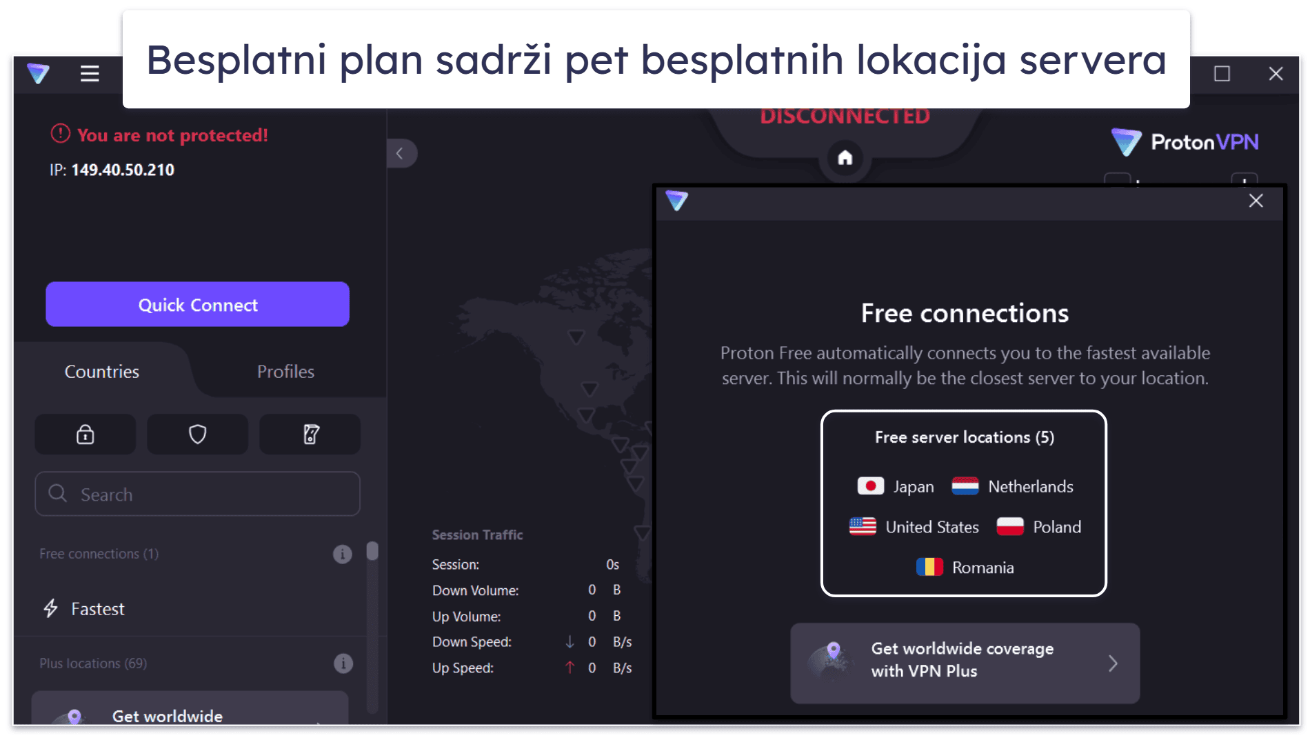 🥈2. Proton VPN — Odličan besplatan plan sa neograničenim podacima + veoma brz