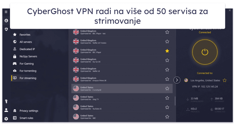 🥈2. CyberGhost VPN — Zaista dobar VPN za strimovanje (sa besplatnim probnim periodom i 45-dnevnom garancijom povrata novca)