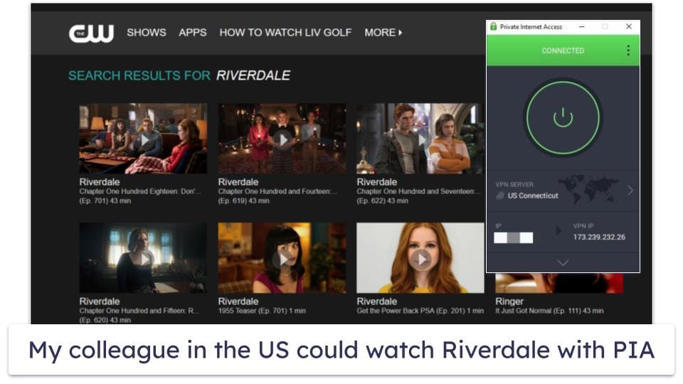 🥈2. Private Internet Access — Great VPN for Streaming Riverdale on Mobile Devices
