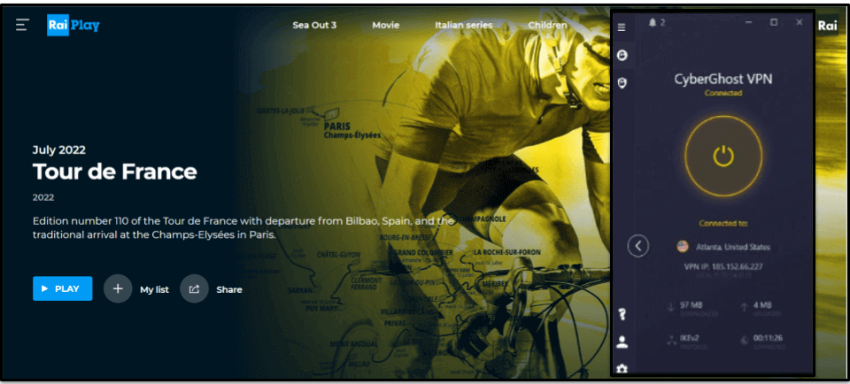 🥉3. CyberGhost VPN – Serveurs optimisés pour le streaming du Tour de France