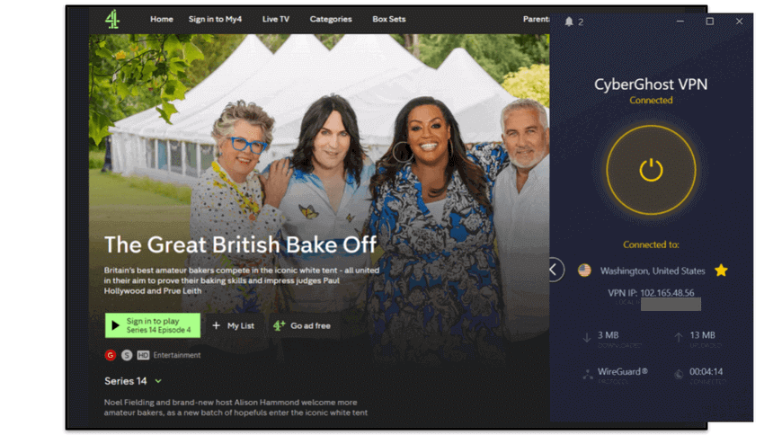 🥉3. CyberGhost VPN — Offers Dedicated Streaming Servers for Watching Bake Off