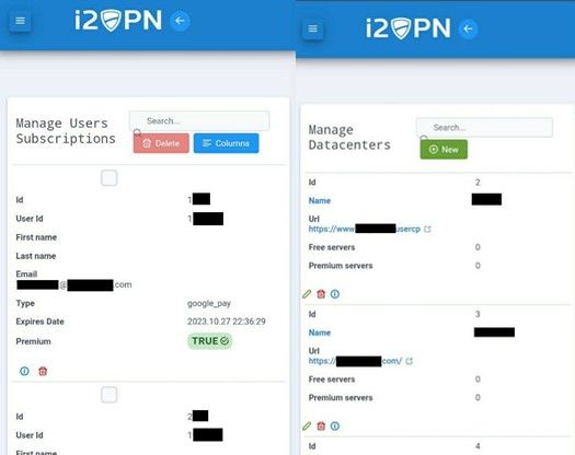 Screenshots of what is alleged to be the VPN admin dashboard interface