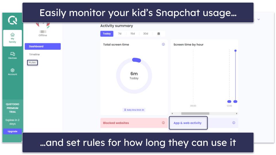 5. Qustodio — Best for Setting Time Limits on Your Kid’s Snapchat