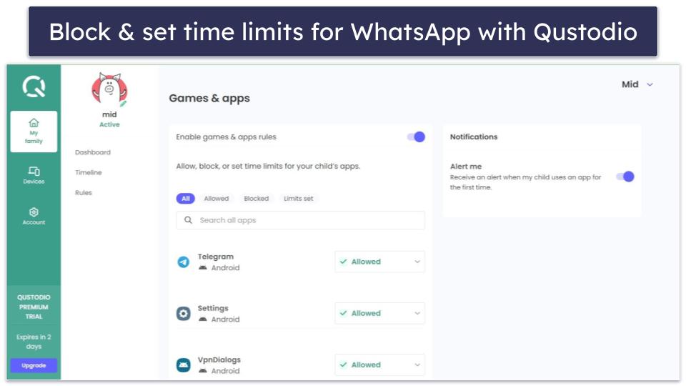 5. Qustodio — Set Time Limits for WhatsApp Usage
