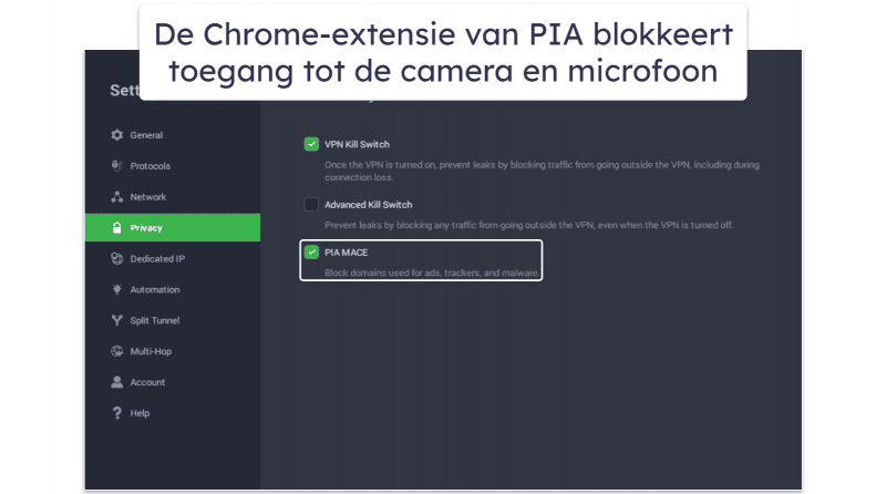 🥈2. Private Internet Access — Goede Chrome-extensie met extra privacyfuncties