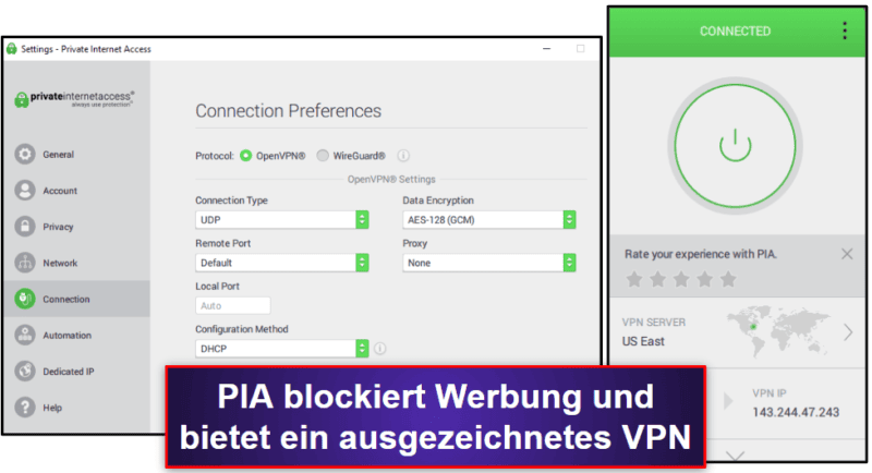 🥇1. Private Internet Access (PIA) VPN — Guter Adblocker in einem hervorragenden VPN
