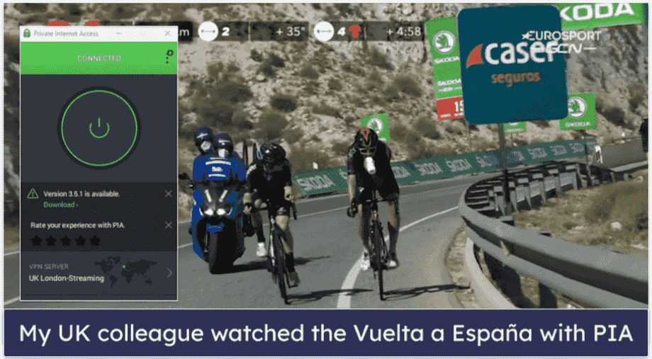 🥈2. Private Internet Access — Customizable Mobile Apps for Streaming the Vuelta a España