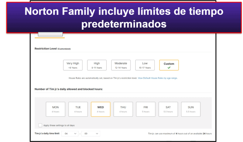 2. Norton Family: Incluye estupendas funciones para gestionar el tiempo de uso de pantalla disponible para los adolescentes