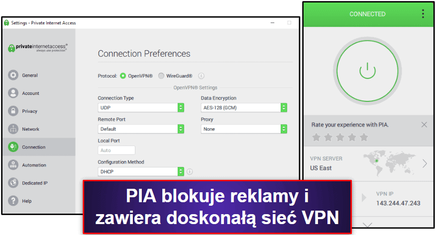 🥇1. Private Internet Access (PIA) VPN — Dobry bloker reklam zawarty w świetnej sieci VPN
