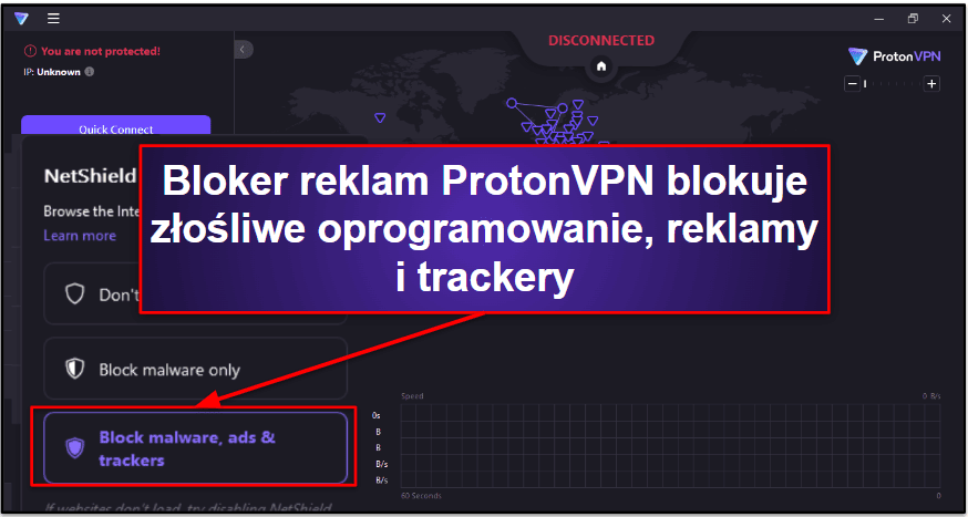 7. ProtonVPN — Bloker reklam, który również wychwytuje złośliwe oprogramowanie