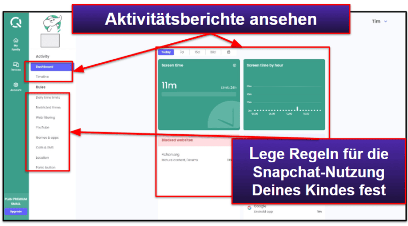 5. Qustodio: Sehr gut zur Konfiguration von Snapchat-Zeitlimits geeignet