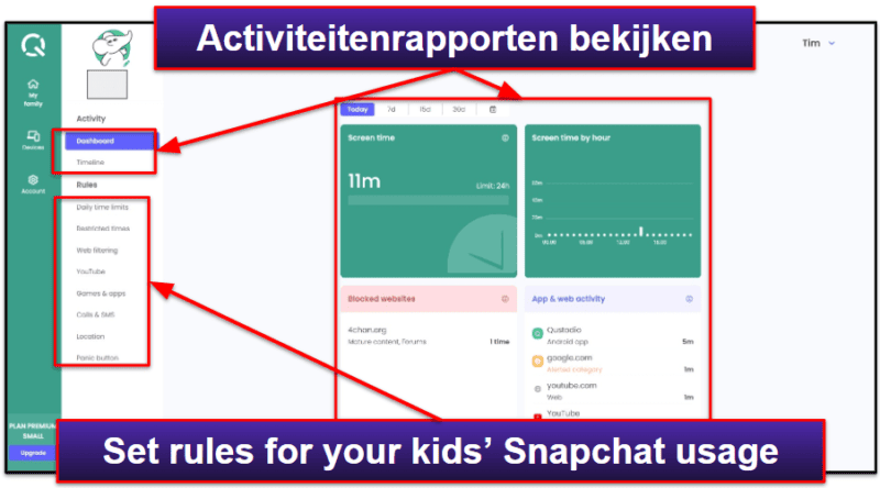 5. Qustodio: het beste voor het instellen van tijdslimieten op de Snapchat van je kinderen