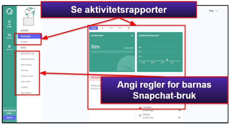 5. Qustodio: Best for å angi tidsbegrensninger på barnets Snapchat-bruk